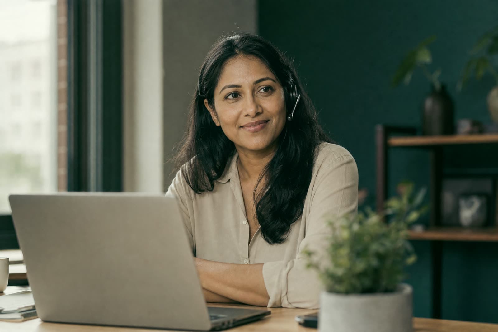 A support specialist wearing a headset at a bright desk