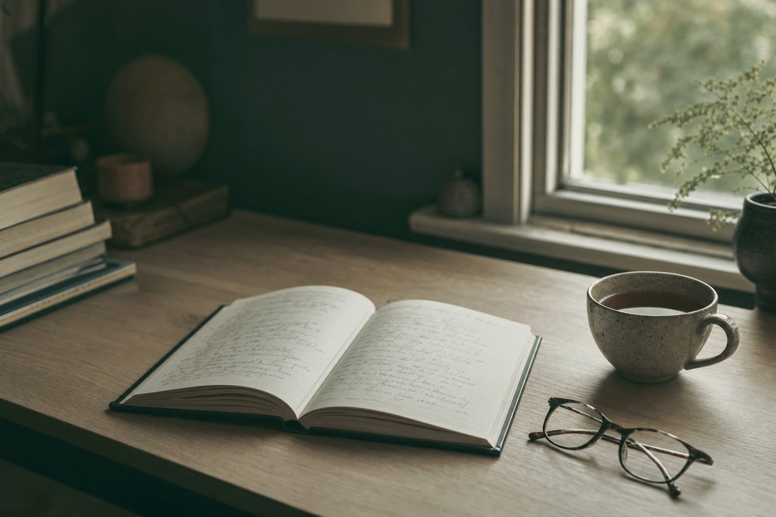 An open notebook with handwritten notes, reading glasses, and a cup of tea by a window