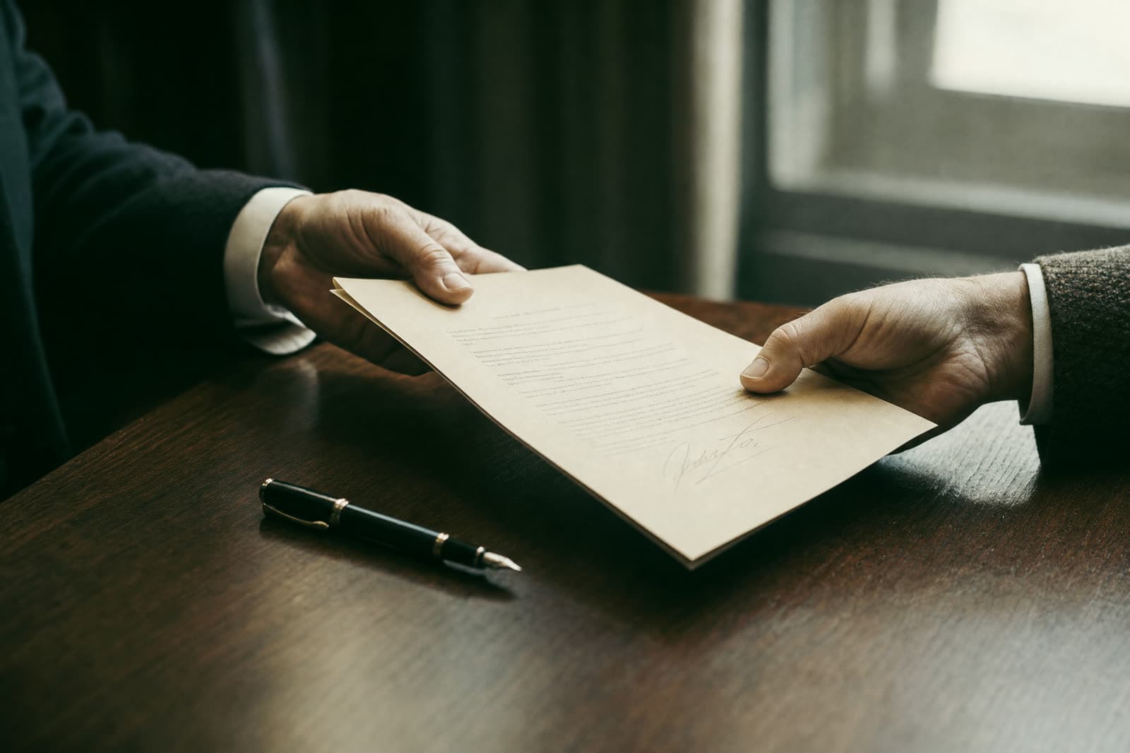Two hands exchanging a signed agreement across a desk