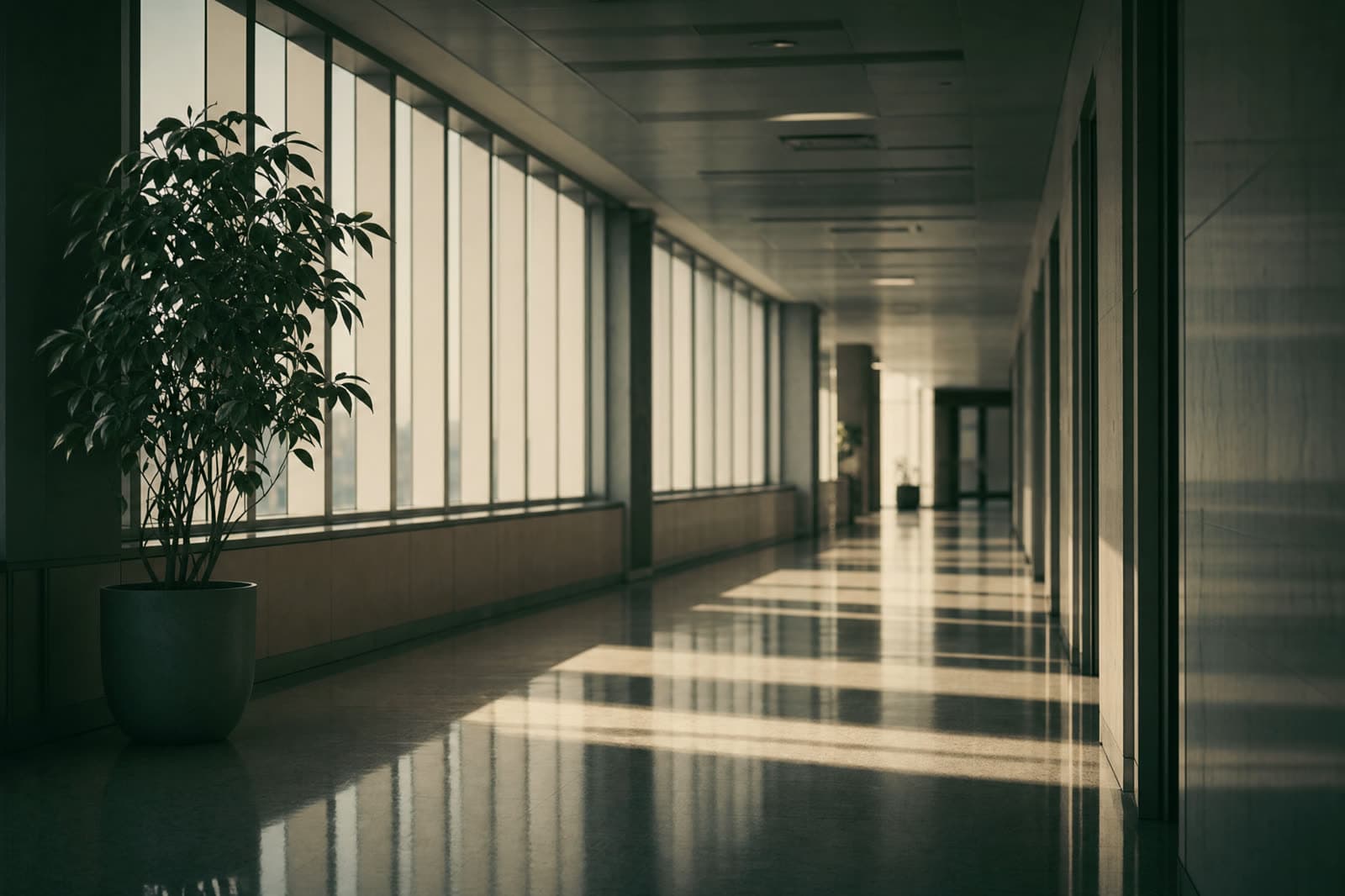 Empty hospital administrative corridor at dawn