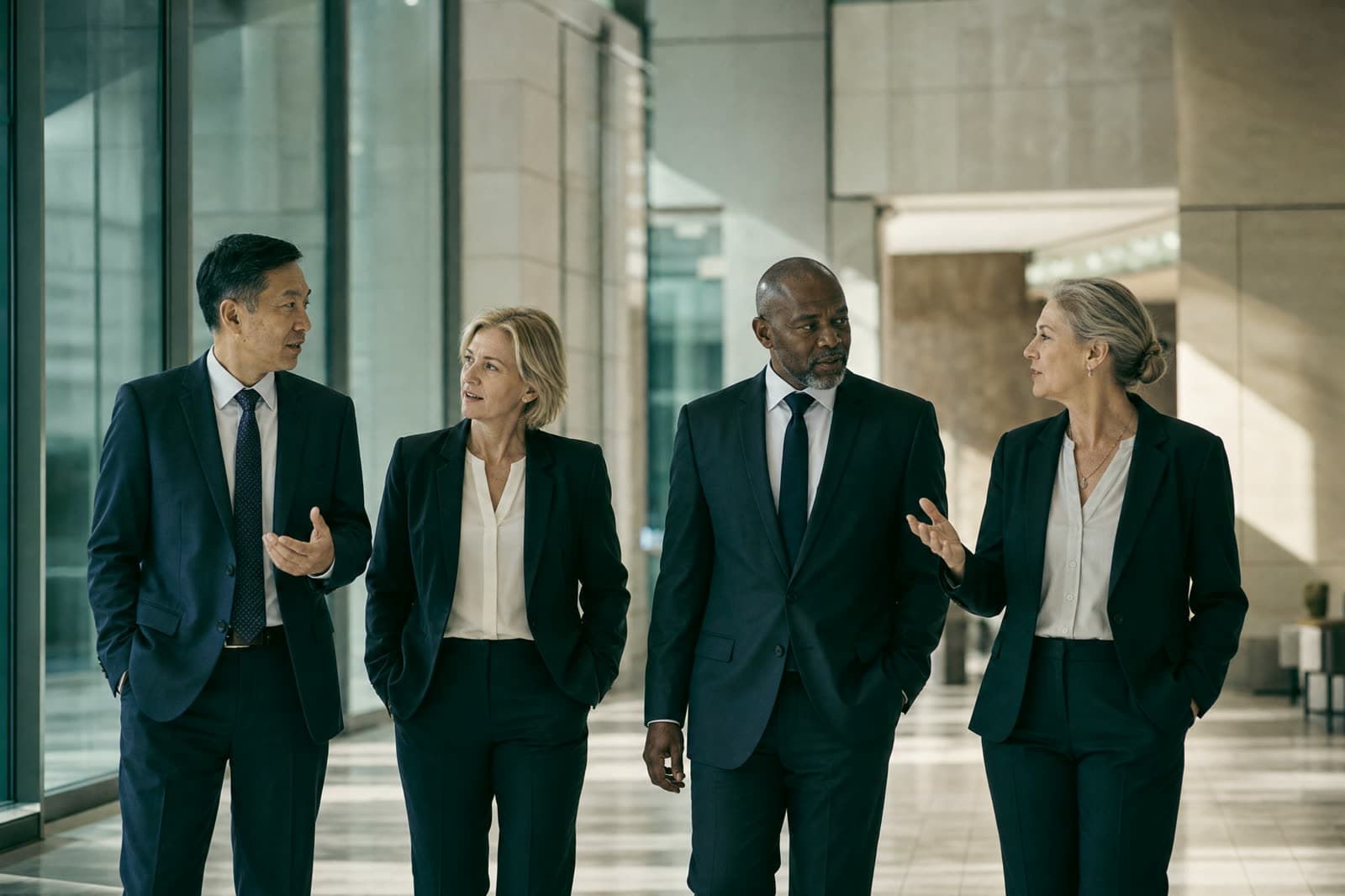 Four healthcare executives in conversation while walking through a hospital atrium