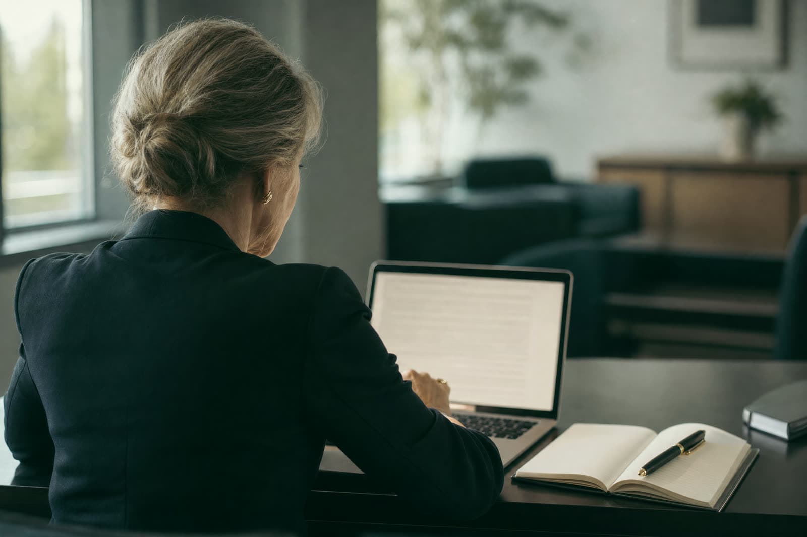 A healthcare executive writing a one-page brief on a laptop