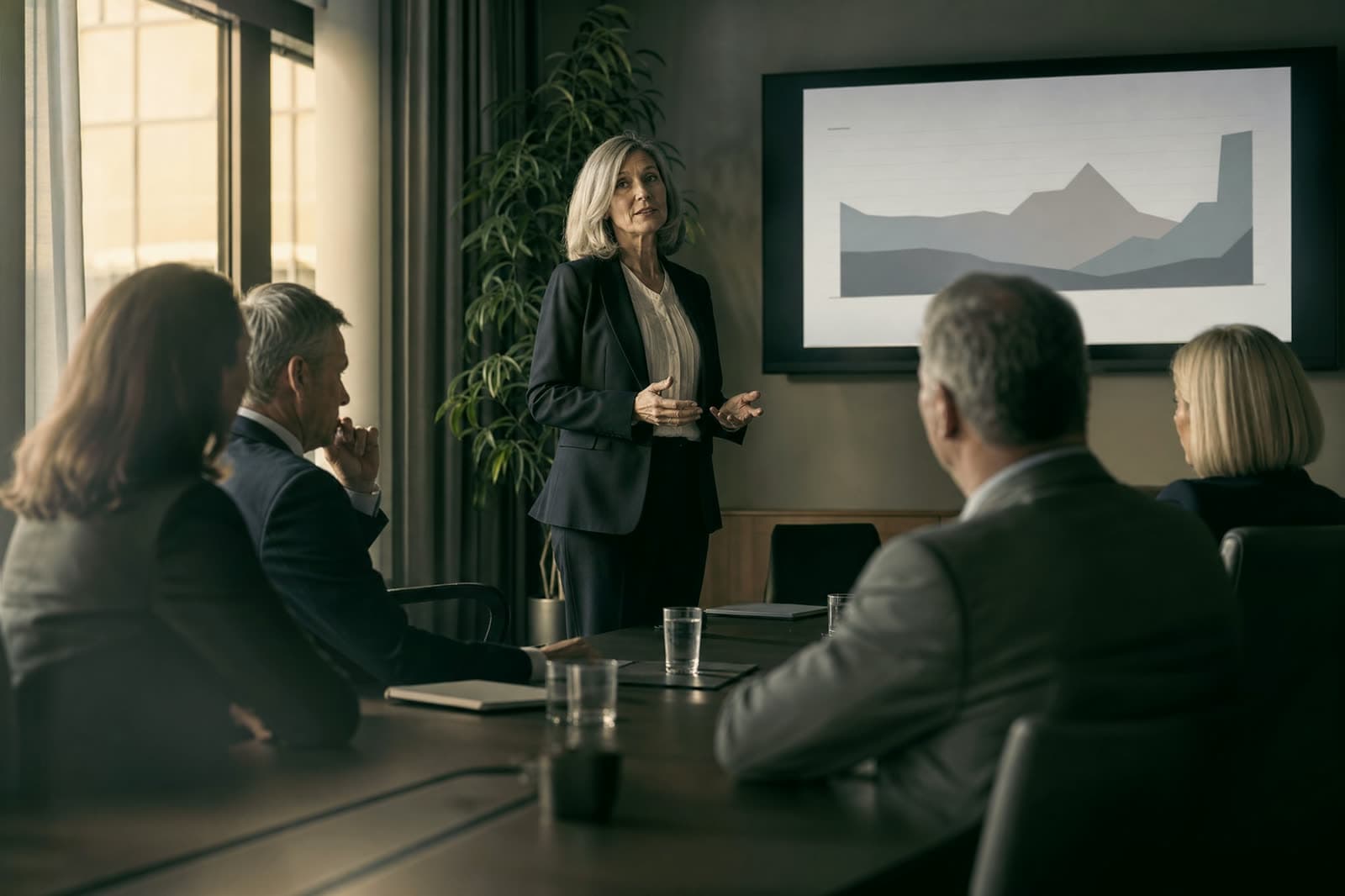 A consultant presenting to a hospital leadership team in a boardroom